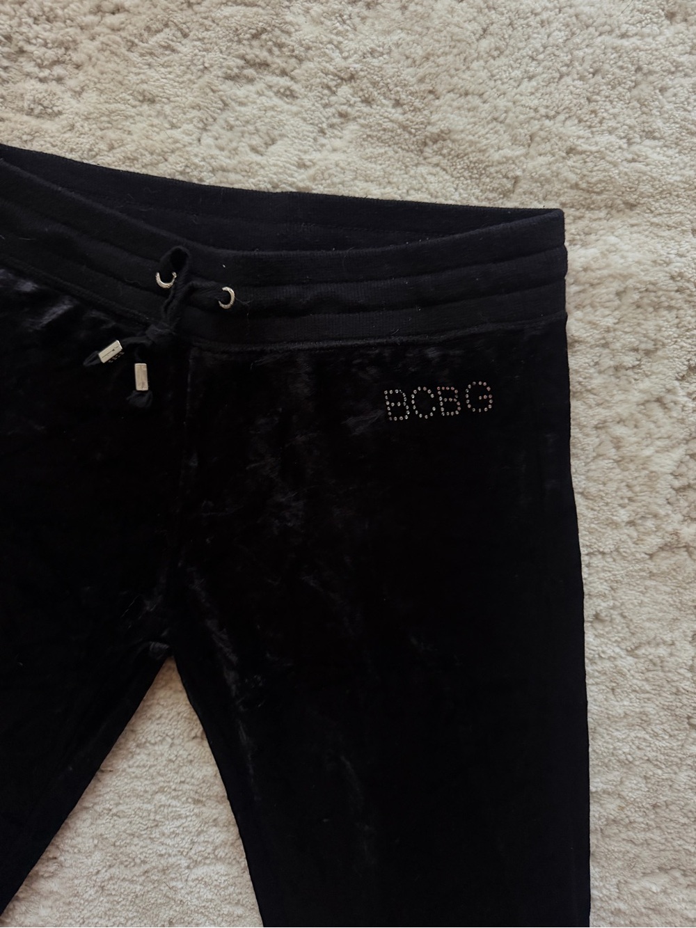 BCBGMaxAzria Black Velvet Jogger Pants with Stud Logo